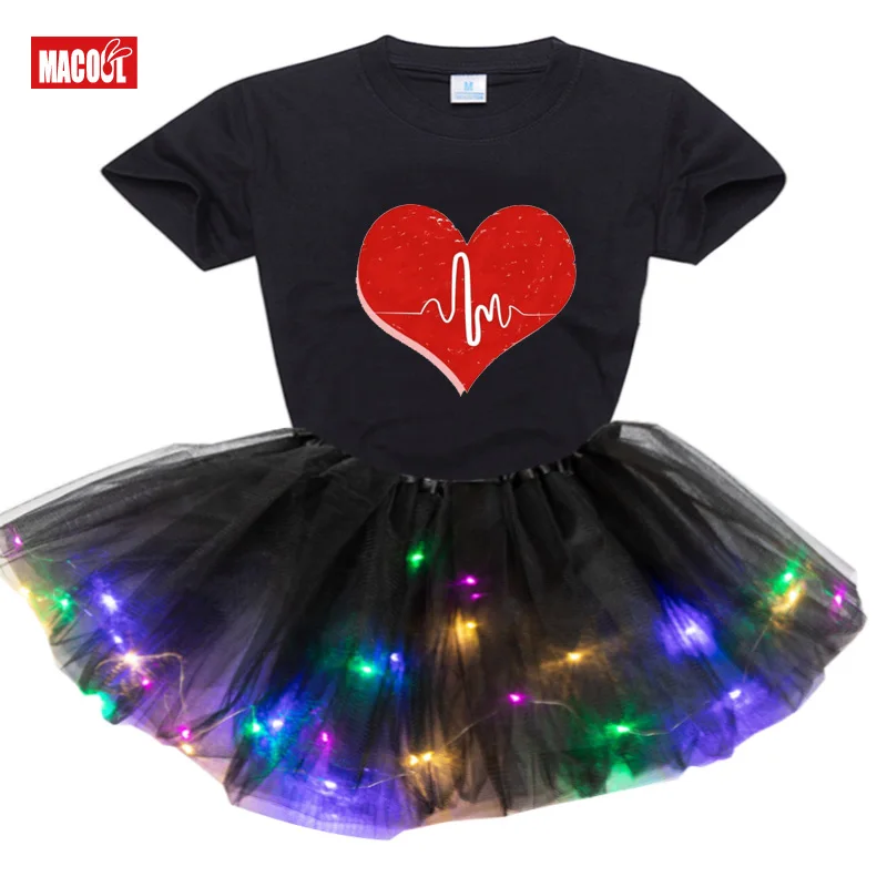 2020 New Summer Autumn Kids Girls Short Sleeve T-shirt + Luminous Dress 2pcs Clothing Sets Baby Girl Clothes Suit Christmas Gift
