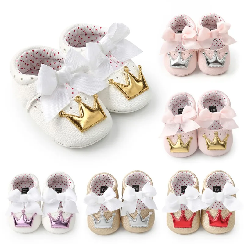 

2020 Baby Girl PU Leather Shoes Comfortable Soft Moccasins First Walkers Crown Bow Soft Soled Non-slip Footwear Crib Shoes