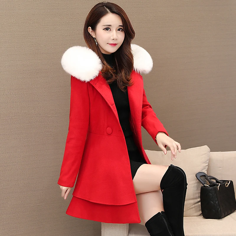 

Autumn Winter Women's Korean Single-breasted Wool Coat Elegant Slim Fit Solid Hooded Woolen Coats Woman Warm Overcoat Red White
