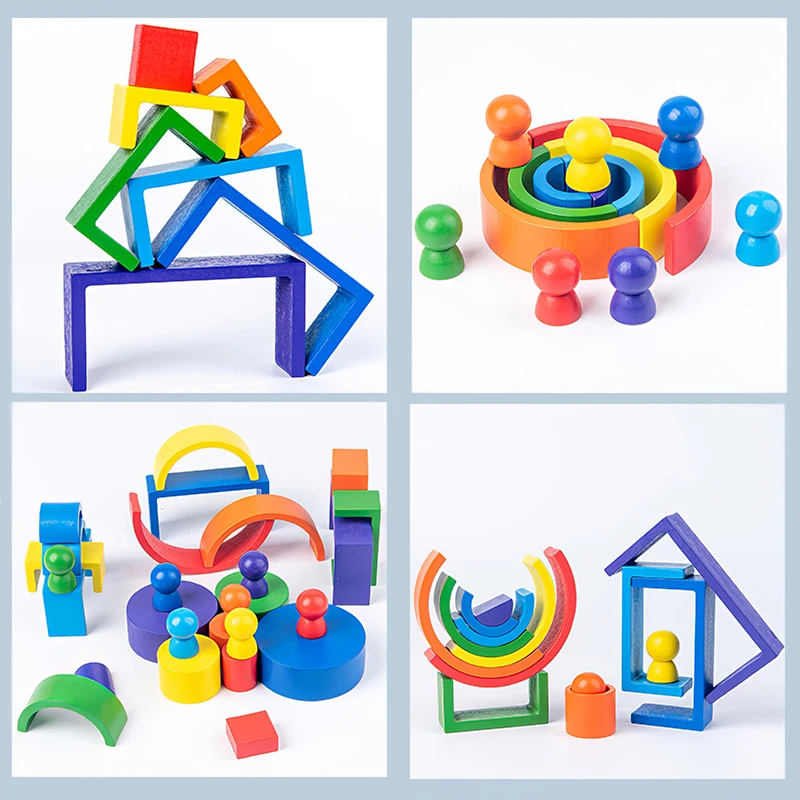 

Baby Toys Mini Size Rainbow Building Blocks Wooden Toys For Kids Creative Rainbow Stacker Montessori Educational Toy Children
