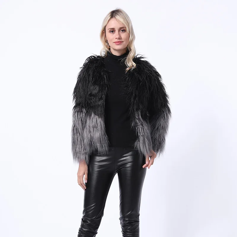 

Bazhenova 2021 Winter Warm Faux Fur Coat Fashion Color Patchwork Long Sleeve Thick Fur Jacket Casual Outwear Tops