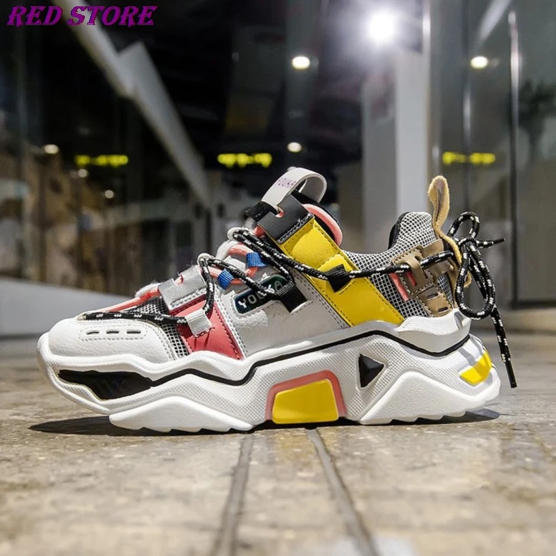 

Women Platform Chunky Sneakers 5cm high lace-up Casual Vulcanize Shoes luxury Designer Old Dad female fashion Sneakers 2019