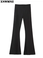 xnwmnz womens stretchy high waist tight bell bottom pants black slim flare long trousers 2021 korean fashion harajuku clothing