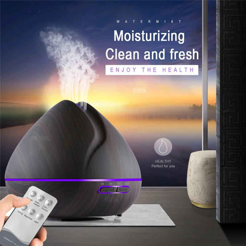 

Ultrasonic Humidifier Wood grain Oil Diffuser with Remote Control Air Aroma Humidifier for Office Bedroom With colorful led ligh