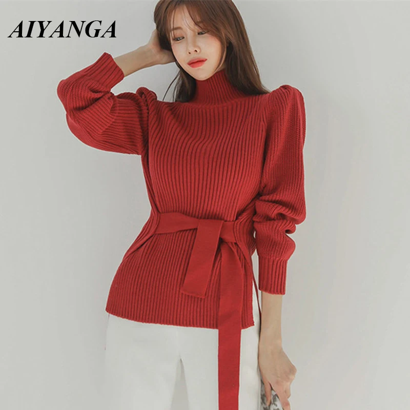 

Turtleneck Ladies Puff Sleeve Women's Knitted Sweater New 2021 Korean Fashion With Belt Pullover And Jumper Elegant Sweaters