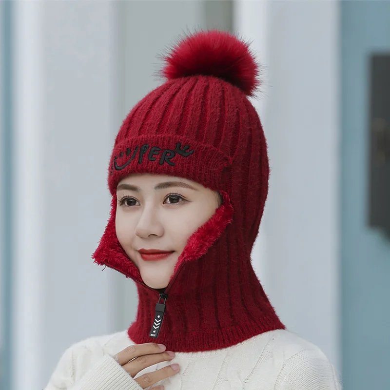 Женская Вязаная Шерстяная Шапка на молнии теплая зимняя шапка в Корейском стиле