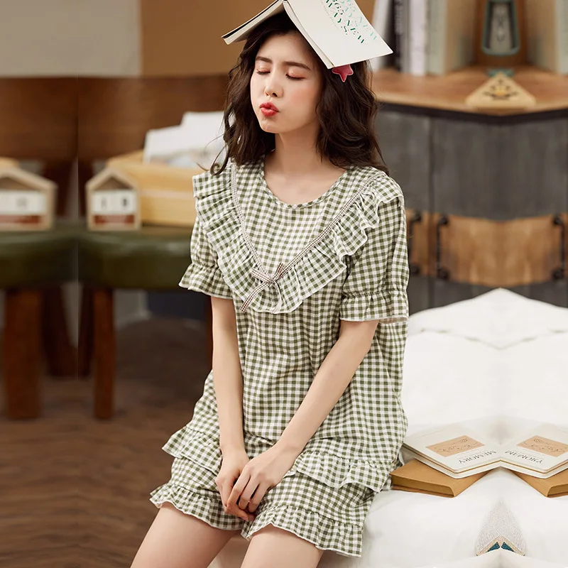 

Korean Style Plaid Pajamas Women's Suit Summer Pure Cotton Short-sleeved Loose Doll Collar Lazy Style Pullover Home Service Suit
