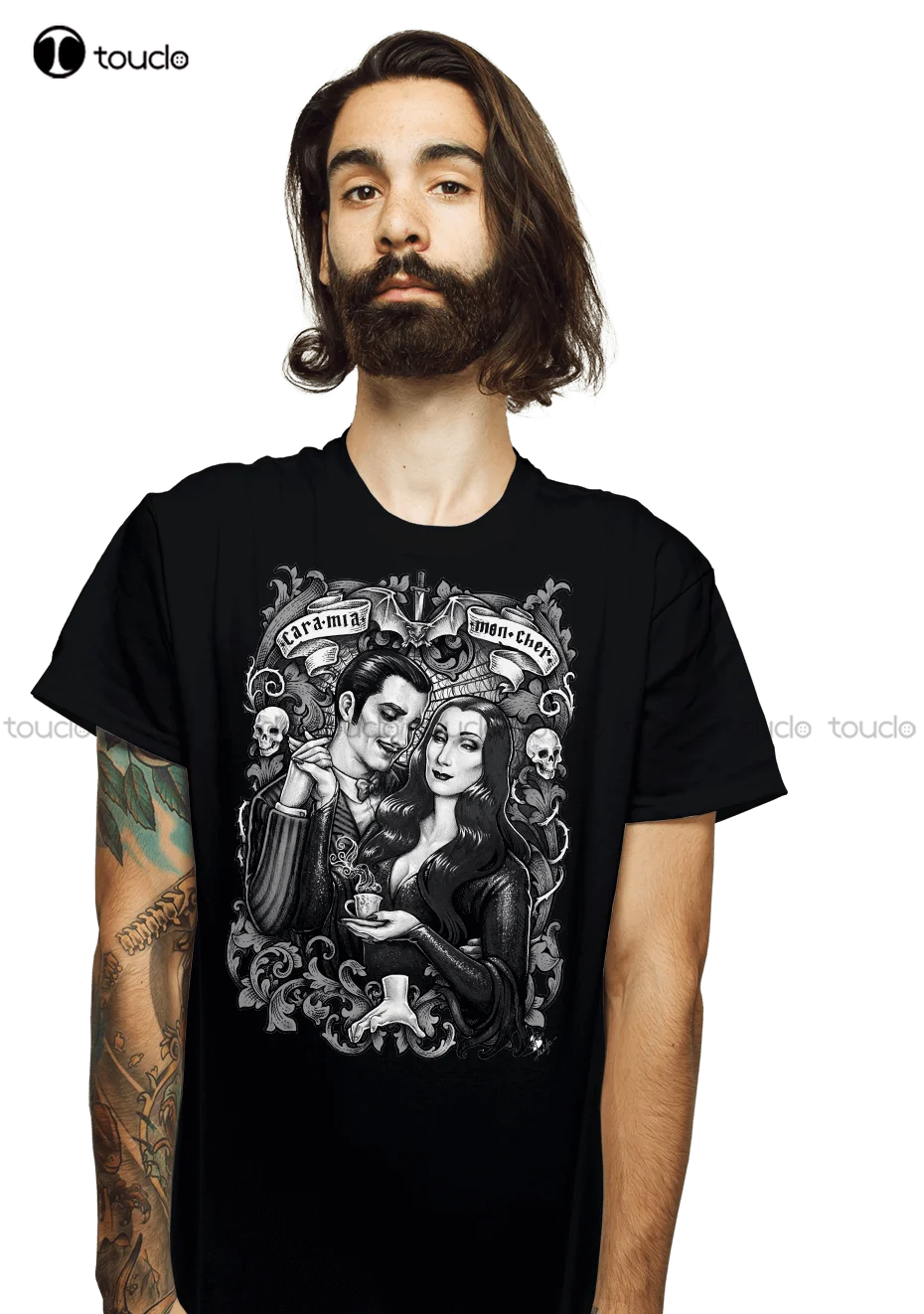 

Cara Mia Mon Cher Morticia And Gomez Addams Parody Black T-Shirt S-5Xl Big And Tall Shirts For Men