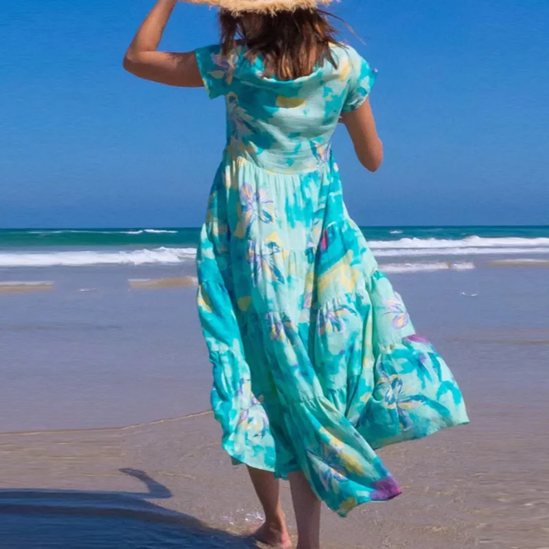

Retro Elegant Floral Print Summer Beach Dress Women O-neck Short Sleeve Casual Dress 2021 Spring Pocket Pleated Long Party Dress