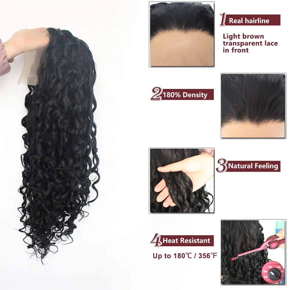 Аногол черный синтетический кружевной передний парик афро длинный кудрявый с