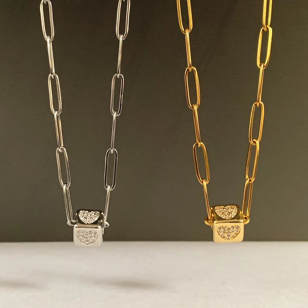 

Простое циркониевое сердце, резное квадратное ожерелье из бисера, Очаровательное ожерелье для женщин и мужчин, винтажная цепочка из стали з...