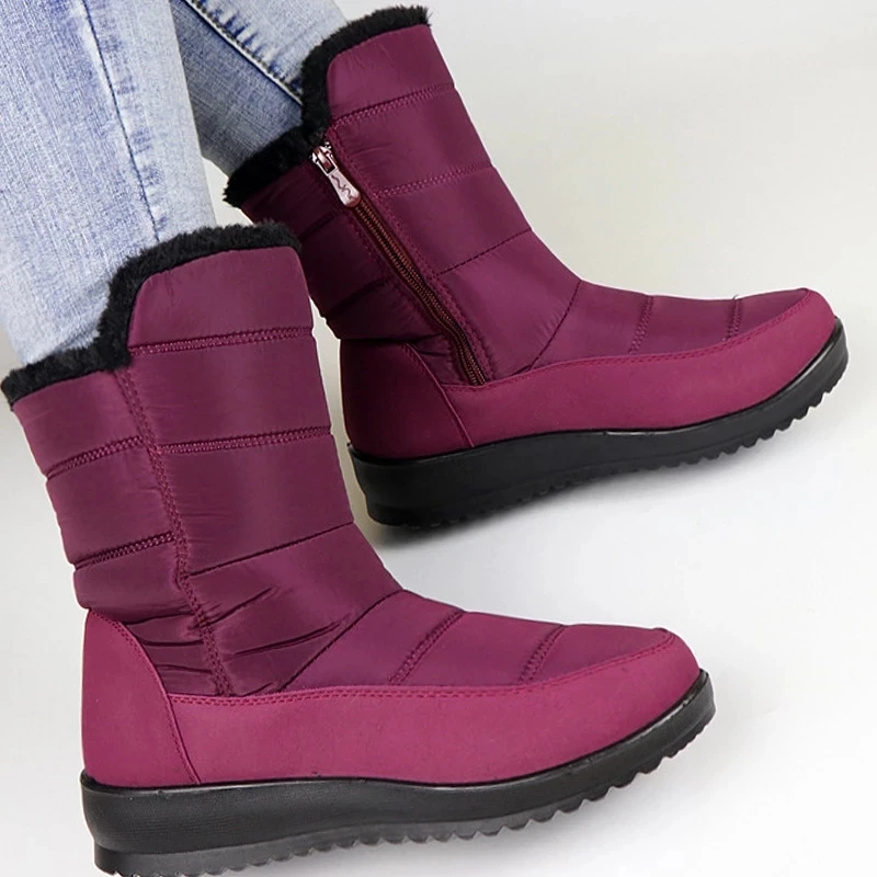 

CEYANEAO 2020Women Mid-Calf Boots Low Heel Snow Boots Shoes Women Winter Zipper Boots Waterproof Plush Warm Wedges Botas Mujer