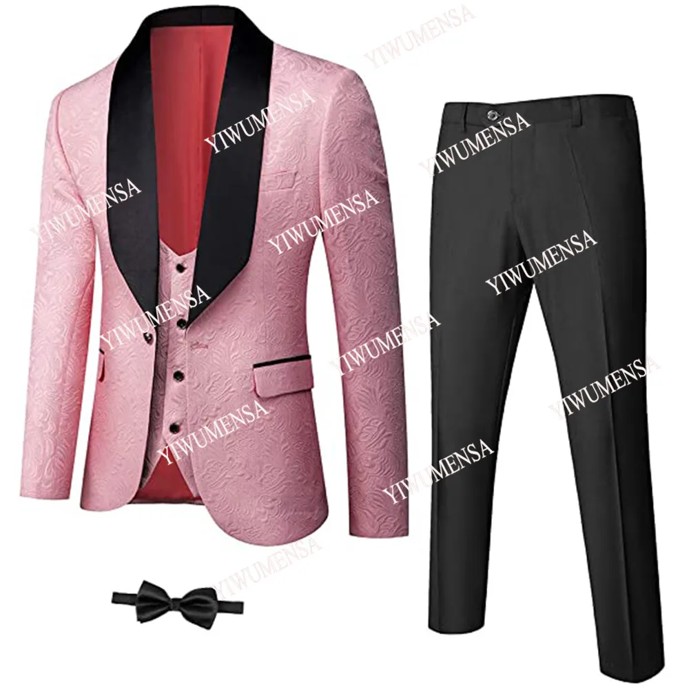 

Costume Homme Tailor-Made Suits Black Peaked Lapel Pink Jacquard Jacket+Vest+Pant+Tie 4 Pieces Set Men's Wedding Blazer Tuxedos