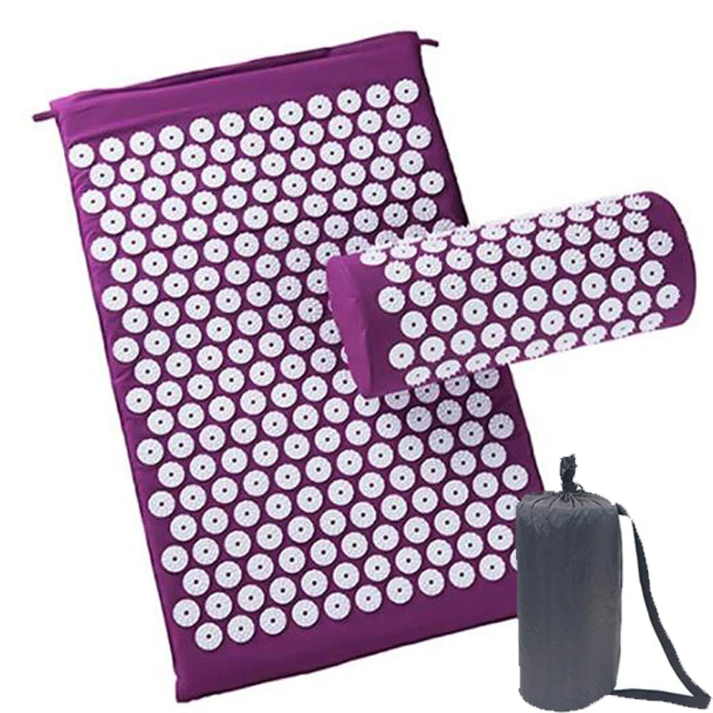 Purple Складываемый Коврик для йоги, акупунктурный массажер, набор, подушка, Спортивная, снимает стресс, боль, с подушкой, сумка для переноски - Color: Purple