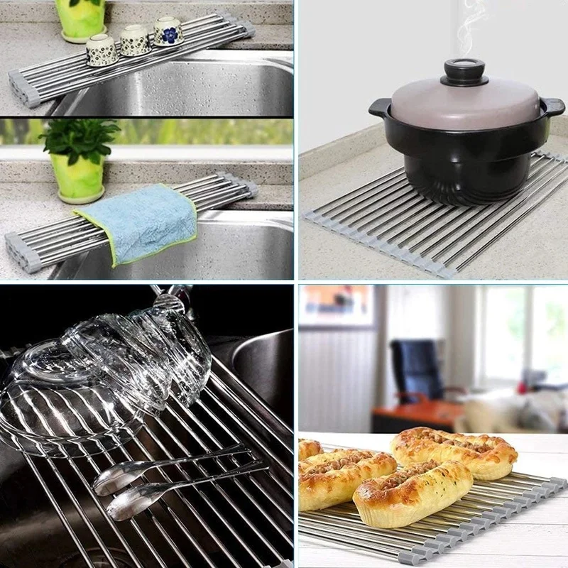 

Foldable Dish Drying Rack Sink Roll-Up Holder Kitchen Accessories Organizer Fruit Vegetable Meat Tray Drainer Tools Dropship