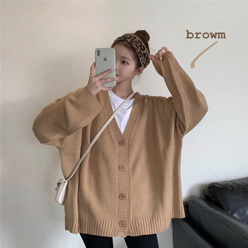 

Women Knitting Sweater V-neck Single Breasted Loose Knitwear Korean Style Solid Long Cardigan Sweater New Harajuku Women Clothes