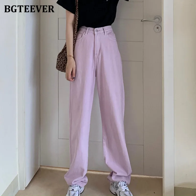 

BGTEEVER Stylish Purple Female Straight Jeans 2021 Autumn Chic Fashion High Waist Single Button Loose Women Denim Pants