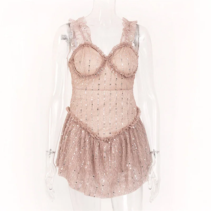 Женское мини-платье с блестками лоскутное Плиссированное квадратным вырезом