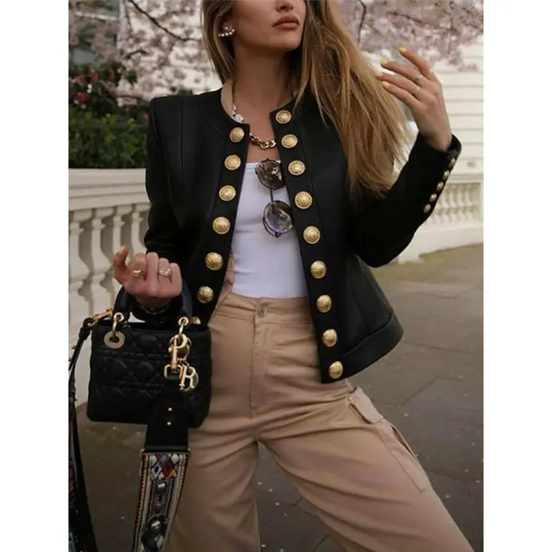 

New Fashion 2019 Designer Blazer Jacket Women's Double Breasted Metal Lion Buttons Blazer Outer Short Coat Biker Casual Tops