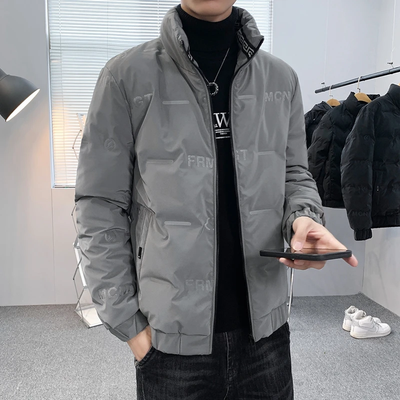 2021 winter new run down jacket men's short stand collar letter embossed warm and windproof casual coat
