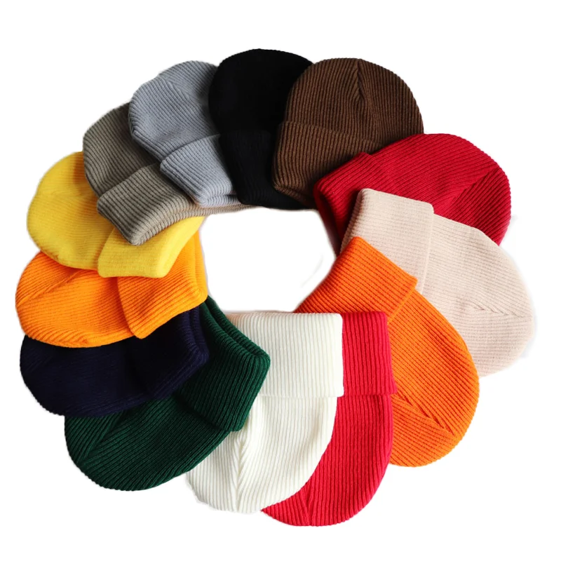 

Solid Color Women Beanie Hat Men Winter Autumn Warm Wool Knitted Bonnet Hat Female Girls Curled-edge Casual Skullies Beanies Cap