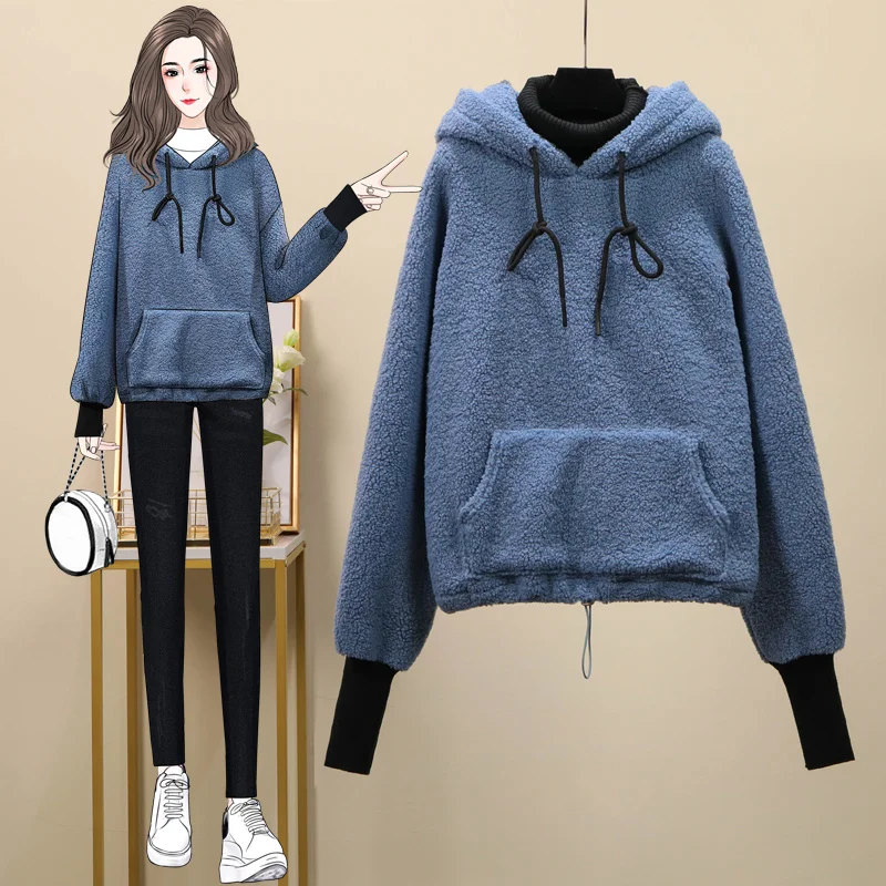 

Новинка, осенне-зимнее плотное теплое пальто, бархатная кашемировая Женская толстовка с капюшоном, однотонный синий пуловер, повседневные ...