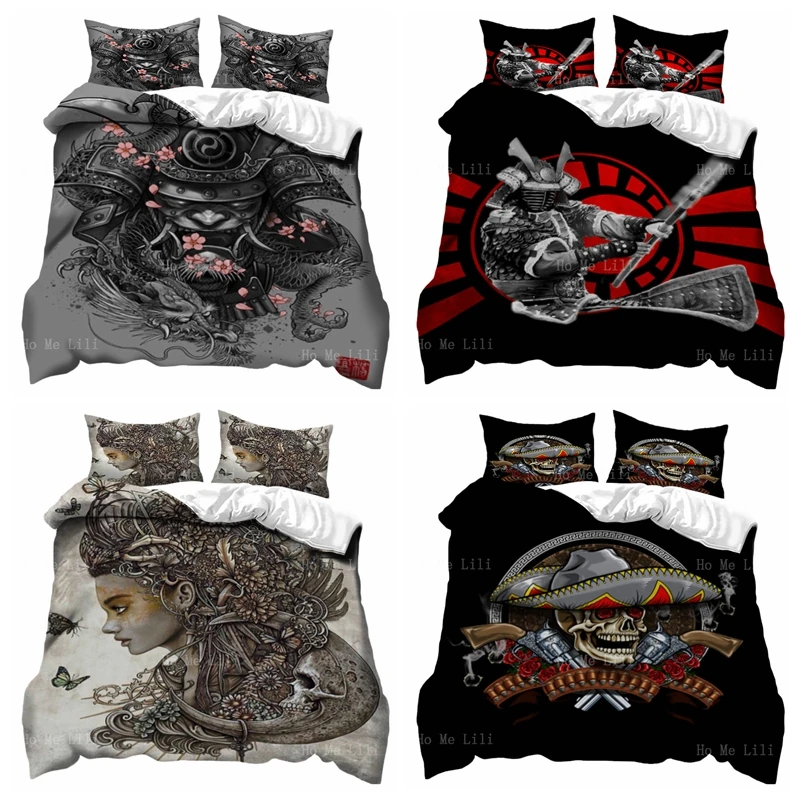 

Gothic Horror Supernatural Creature Skull Print Duvet Cover Urban Oni Red Sun Samurai Girl Hanya Mask Dragon Demon Evil Japanese