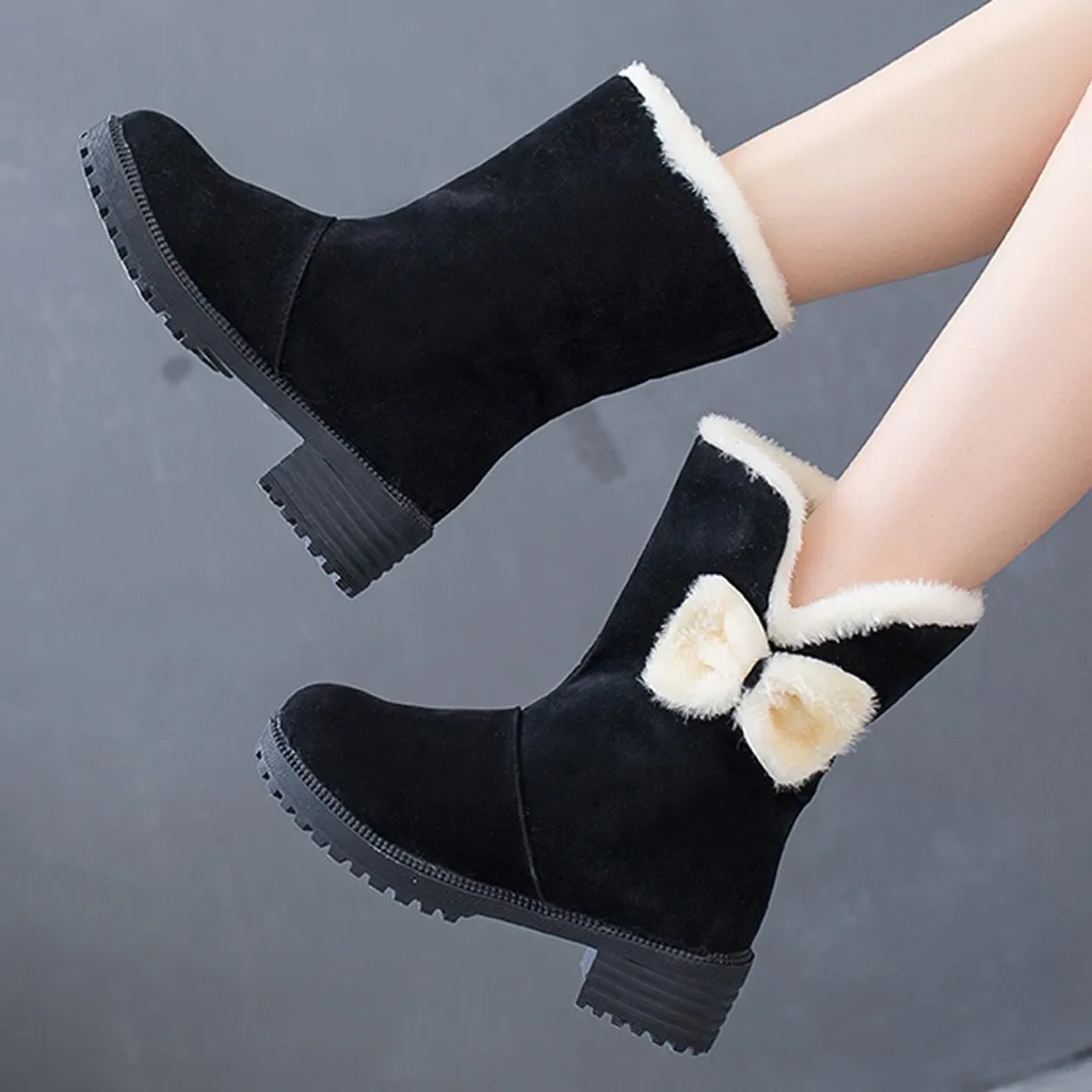 2019 женские зимние ботинки с круглым носком замшевые бантом Теплые ботильоны