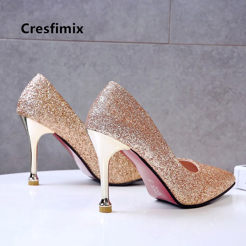 Модные женские золотистые туфли лодочки Cresfimix на высоком каблуке для вечерние