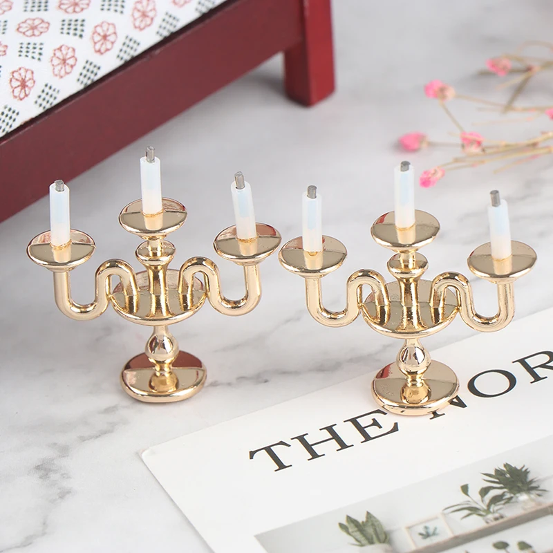 

2Pcs 1/12 Dollhouse Miniature Furniture Metal Candle Holder Three-headed Candle Holder Model Pretend Play Dollhouse Toys