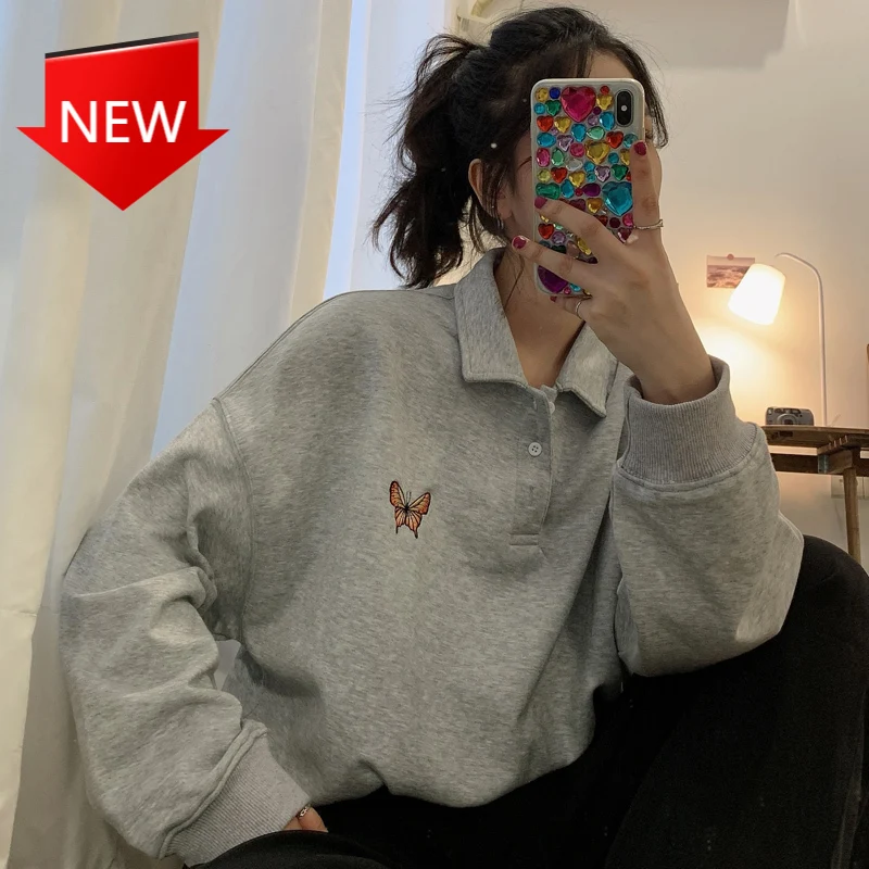 

Gray Sweatshirts 2021 Spring Autumn Loose Thin Shirt Women Tops Print Polo Shirts Turn Down Collar Long Sleeve