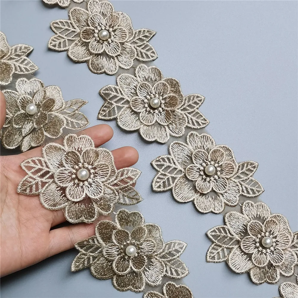 10x Gold Pearl Flower Embroidered Lace Edge Trim Ribbon Fabric Patchwork Wedding Dress DIY Sewing Supplies Craft 7.5cm*8cm - купить по