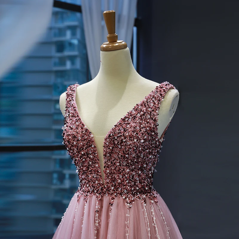 

Form Dresses 2021 New Sexy Long V-neck Beaded Sequins Pink Banquet Evening Dress Longevity Party Banquet gowns