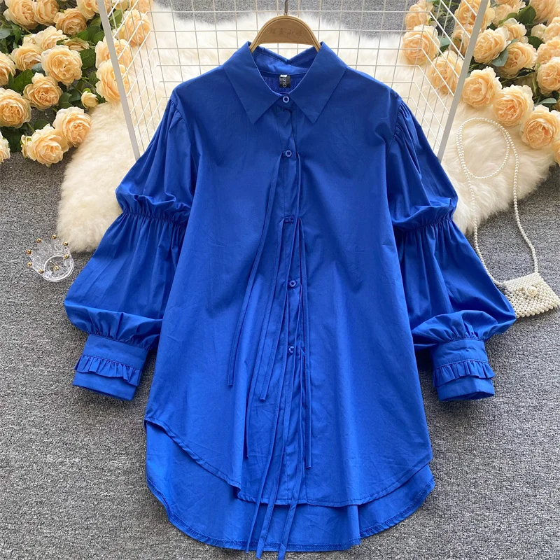 

Women 2022spring new western style lapel fashion sweet beauty god style lace bow loose wild puff sleeves Shirt tops female D0414
