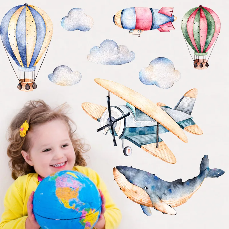 

Watercolor Airplane Shark Children's Room Kindergarten Decoration Waterproof Wall Stickers Home Decoration Accessories