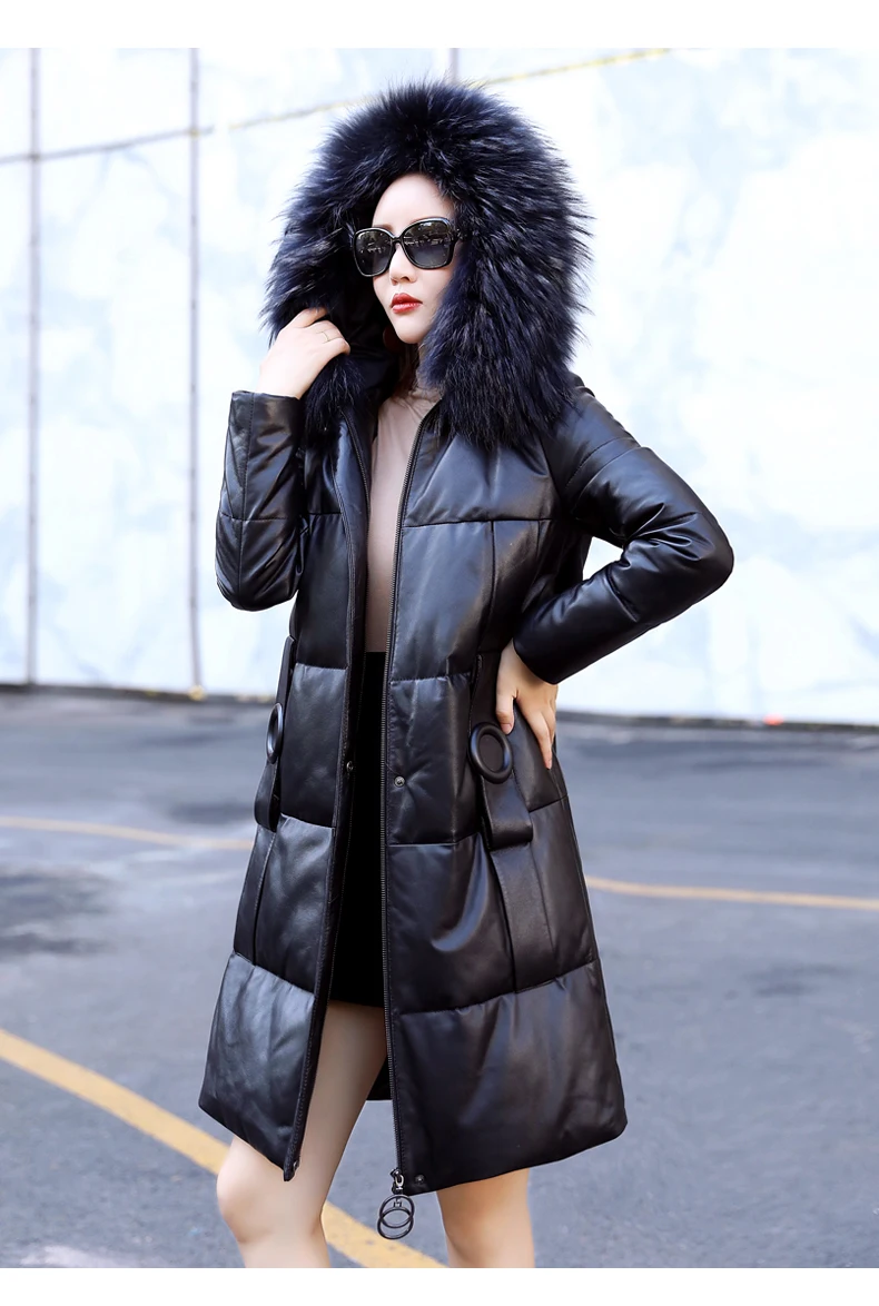 

style new woolen sheepskin leather down jacket Women's Mid-length leather coat hooded fur coat winter