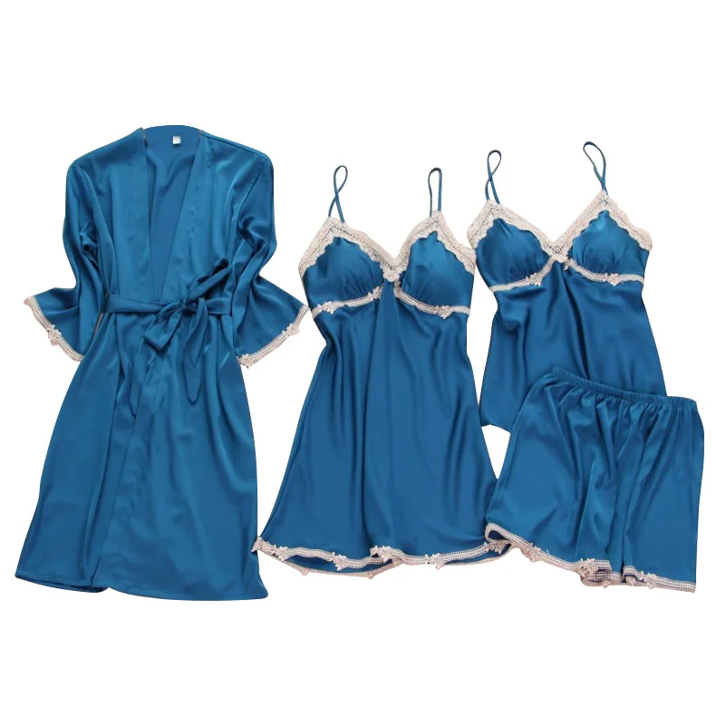 

Satin Lace Pajamas Suit 4PCS Kimono Bathrobe Gown Women Intimate Lingerie Spring Summer New Sleep Set Nightwear Home Clothing