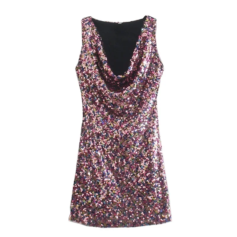 

MESTTRAF Сексуальное Женское 2022 блестящее вечернее мини-платье с блестками Ретро без рукавов с воротником-качалкой женские элегантные платья ...