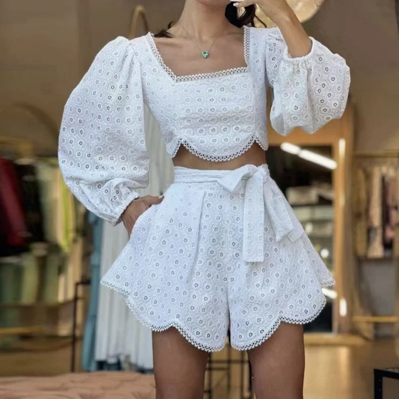 

Two Piece Set Women Crop Tops+High Waist Wide Leg Shorts