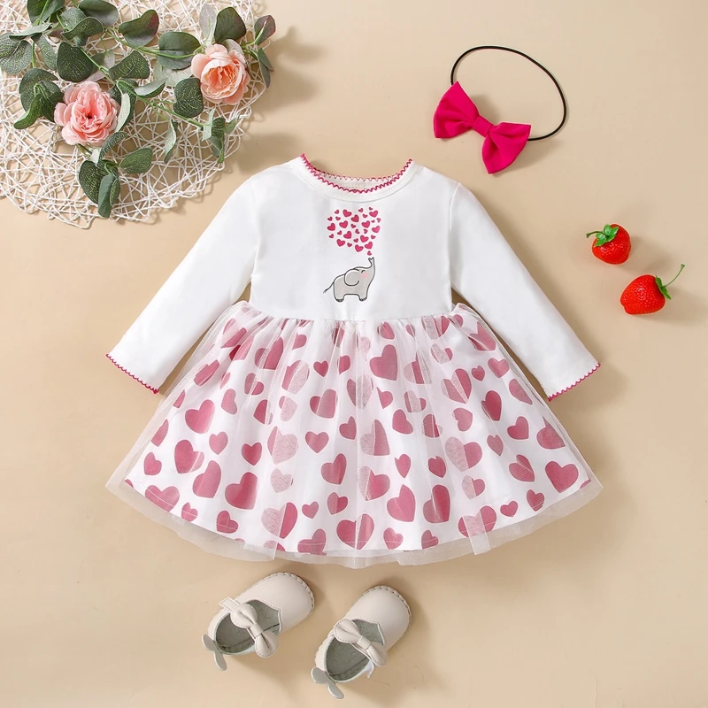 

Spring Autumn Long Sleeve Dress for Kids Girls Heart Print Dresses Headwear Set Children Clothing Party Princess Dresses 2PCS
