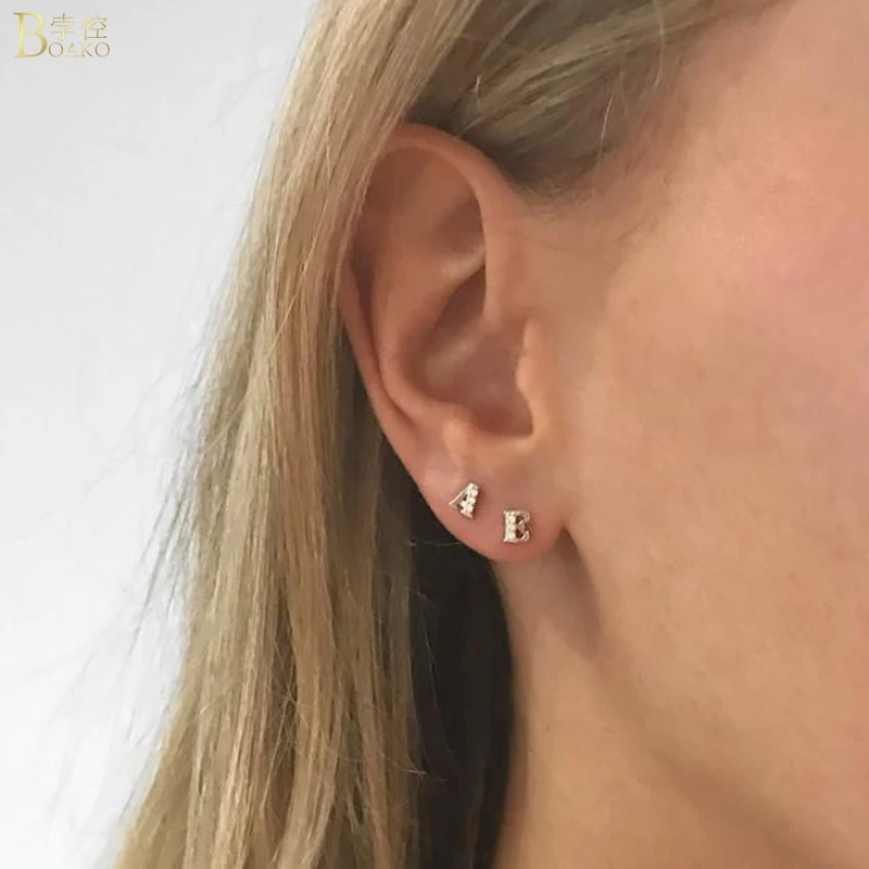 

BOAKO S925 Sterling Silver Stud Earrings for Girl 26 Letters with Zircon Small Vintage Piercing Earrings for Women Jewelry Gifts