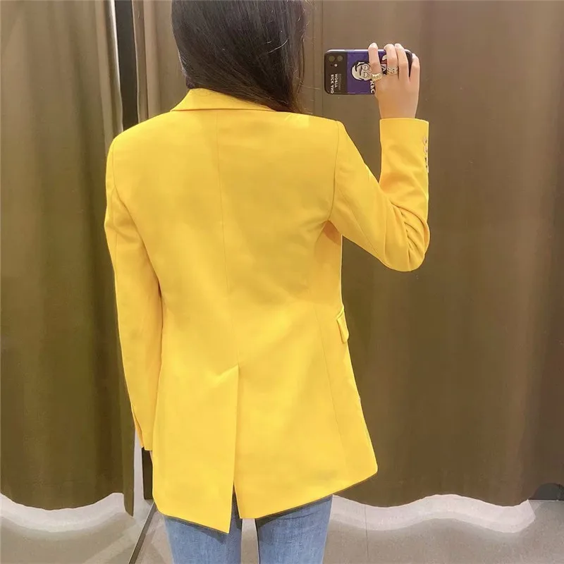 

Za 2021 Yellow Fit Blazer Suit Women Long Sleeve Shoulder Pads Single Button Casual Blazers Coat Woman Flap Pockets Spring Top