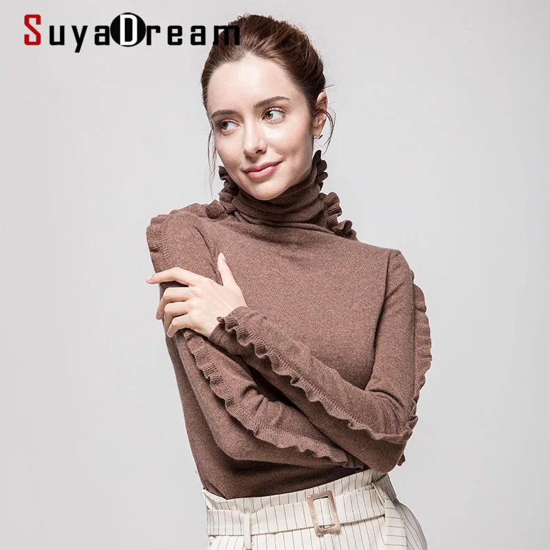 SuyaDream Women Wool Pullover 100%Cashmere Turtleneck Sweater For Ruffles Long Sleeve 2022 Fall Winter Sweaters | Женская одежда