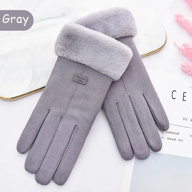 Grey C Теплые зимние женские замшевые кожаные перчатки для экрана, двойные толстые плюшевые рукавицы на запястье, элегантные женские перчатки с тремя ребрами и бантом для вождения - Цвет: Grey C
