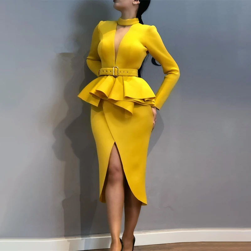 Женское облегающее платье с поясом и баской Офисная модная одежда разрезом
