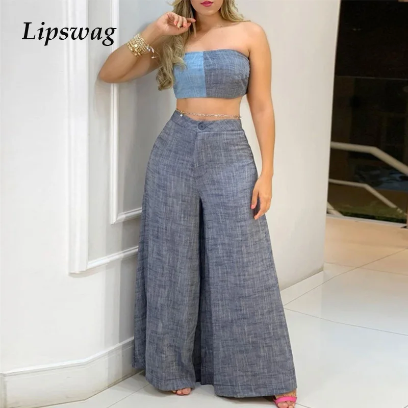 

Casual Denim Women Two Piece Set Sexy Strapless Tops And Pocket Wide Leg Pants Suits 2021 Summer Lady Fashion Outfits Streetwear