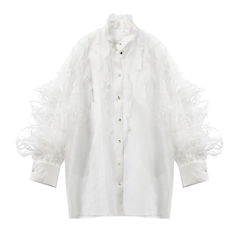 

Shirt Female 2020 Summer New Really Ostrich Organza Ruffled Sexy Perspective Long-Sleeve Shirt Womens Tops and Blouses