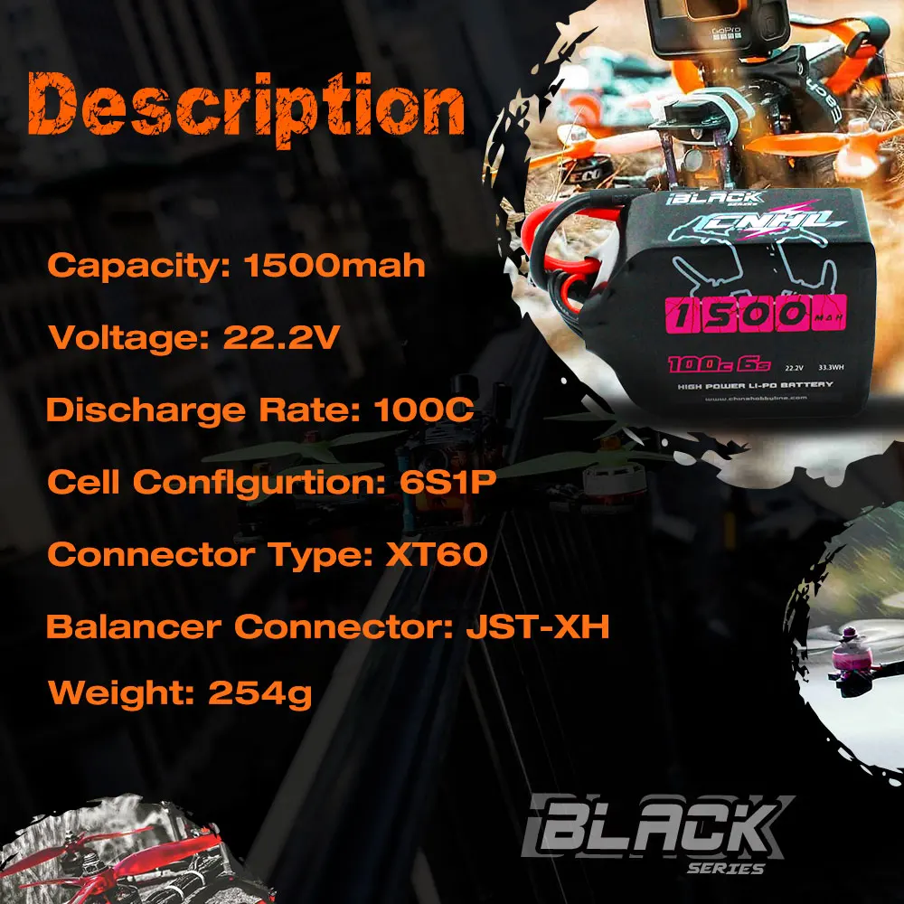 Аккумулятор CNHL Lipo 6S 22 2 в 1500 мАч 4 шт. батарея черной серии XT60 100C для квадрокоптера