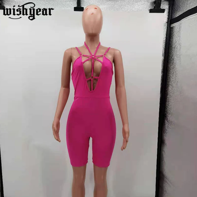 

Sexy Solid Color Criss-Cross Bodycon Jumpsuit Bandage Halter Summer Clothes for Women Hollow Skinny One Piece Night Club Outfits
