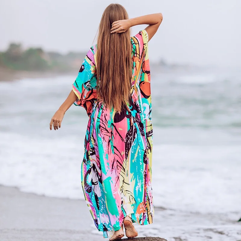 

Beach Kaftan Bohemian Loose Summer Maxi Dress Cotton Tunic Women Beachwear Bathing Suit Cover Up